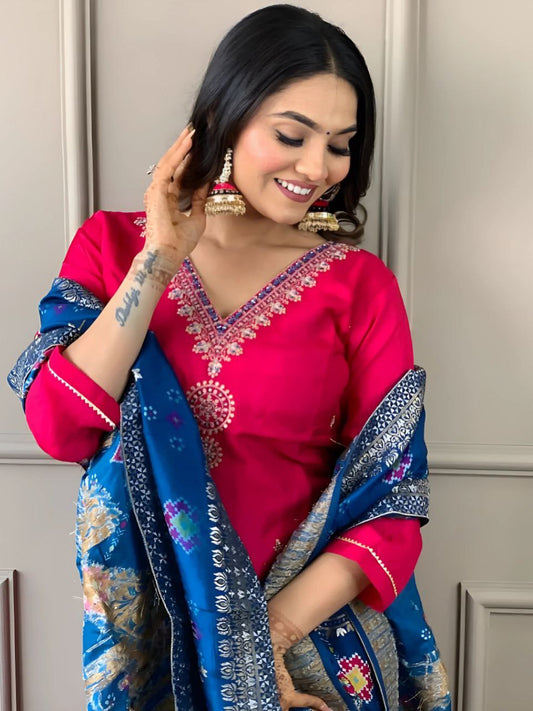 Embroidered Chanderi Kurta Set in Rani with Viscose Jacquard Dupatta