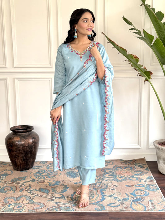 Women's Kurta Set – Sky Blue Viscose Chanderi with Dupatta