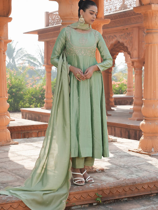Pista Green Vichitra Silk Embroidered Kurta Set