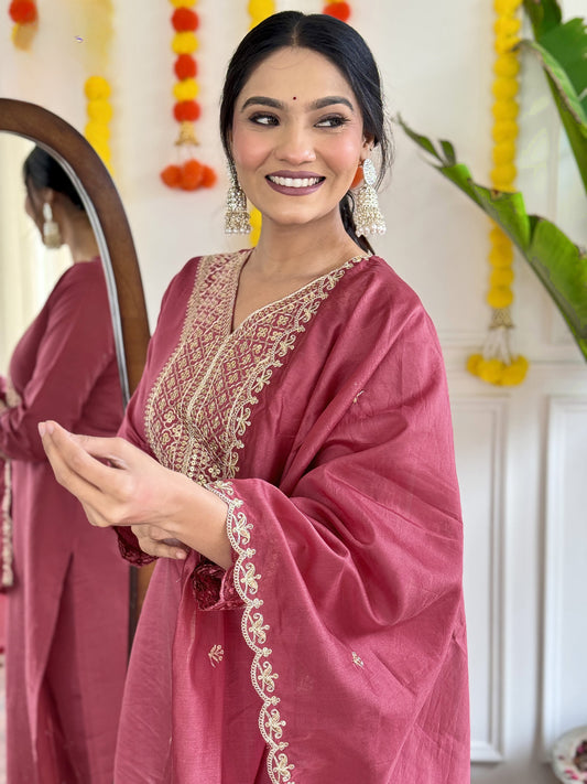 Royal Weave Designer Viscose Chanderi Embroidery Set with Premium Dupatta For Women's