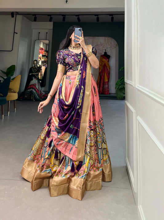 Peach Kalamkari Half Saree For Women