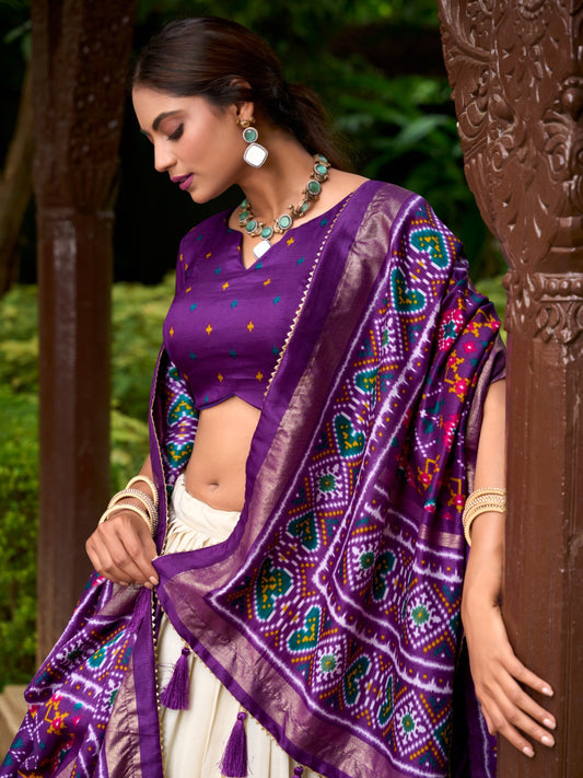 Purple Heavy Tussar Silk Patola Print Lehenga Choli with Dupatta - Unstitched Blouse For Women's