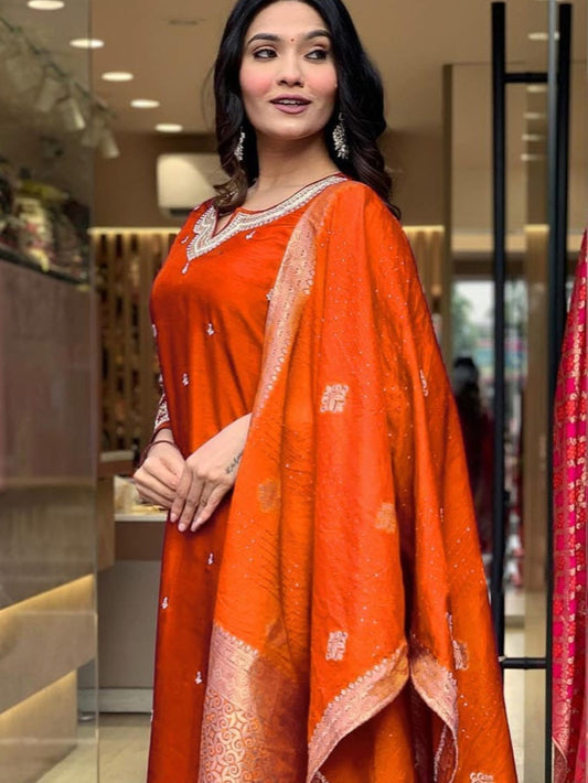Orange Roman Silk Embroidered Kurta Set with Jacquard Dupatta – Women's Ethnic Wear