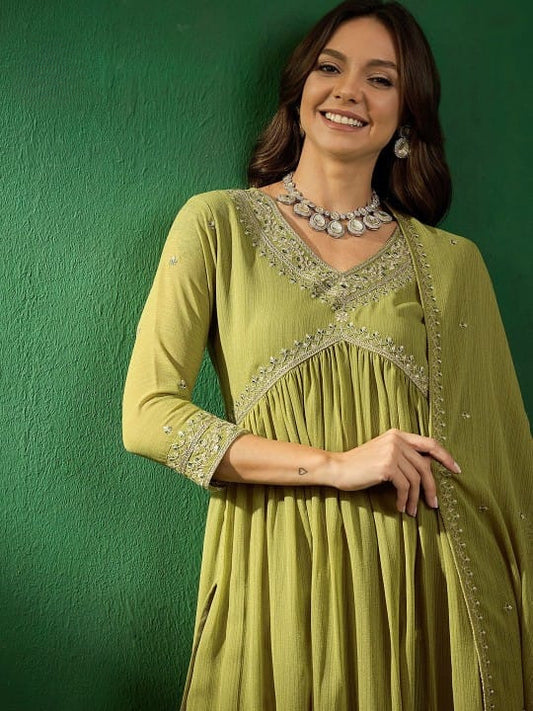 Light Green Georgette Kurta Set with Zomato Embroidery and Dupatta