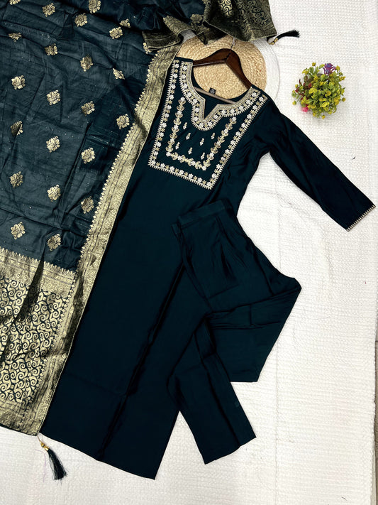 Elegant Bottle Green Color Heavy Roman Silk Kurta Set For Women