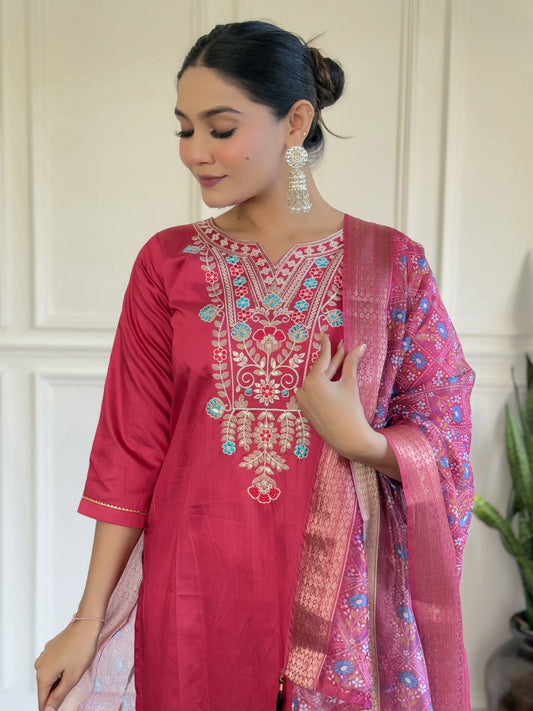 Maroon Color Gadhval Fabric Kurta Set For Women