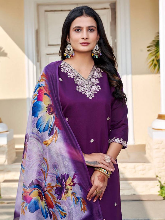 Wine Roman Silk Embroidered Kurta Set with Elegant Chanderi Silk Dupatta – Festive & Occasion Wear for Women
