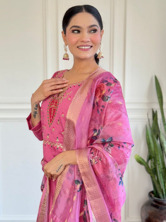 Pink Viscose Chanderi Embroidered Kurta Set with Jacquard Butti Dupatta