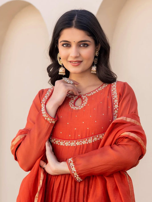Radiance Orange Color Heavy Viscose Silk Embroidered Kurta Set For Women