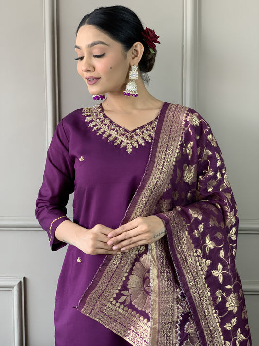 Elegant Wine Color Viscose Chanderi Kurta Set For Women