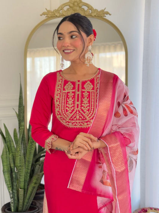Rani Viscose Rayon Kurta Set – Embroidered with Jacquard Butti Dupatta