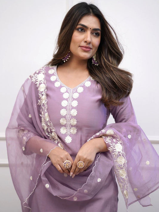 Purple Roman Silk Kurta Set with Embroidered Organza Dupatta