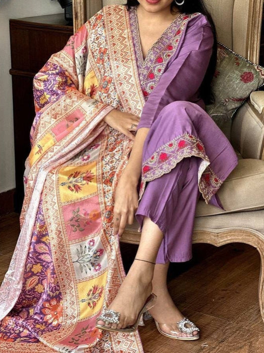 Traditional Purple Chanderi Kurta Set with Soft Silk Crepe Dupatta