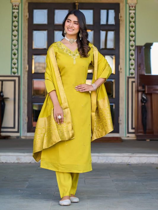 Florent Yellow Roman Silk Kurta Set For Women