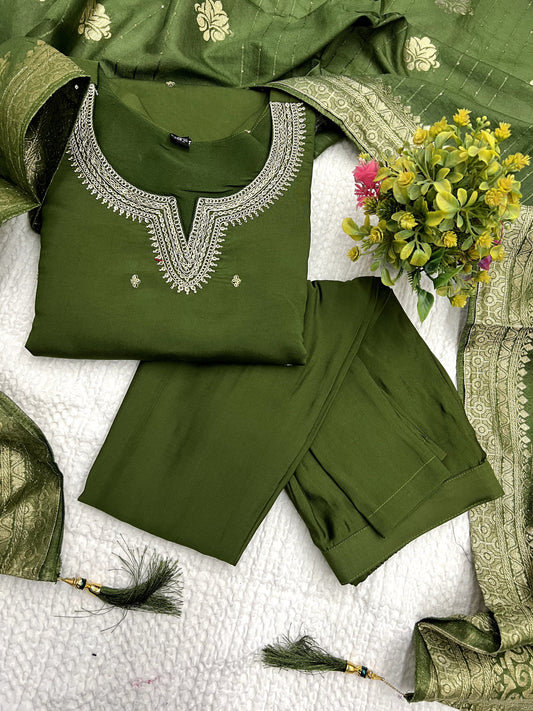 Green Roman Silk Embroidered Kurta Set with Jacquard Dupatta – Women's Ethnic Wear