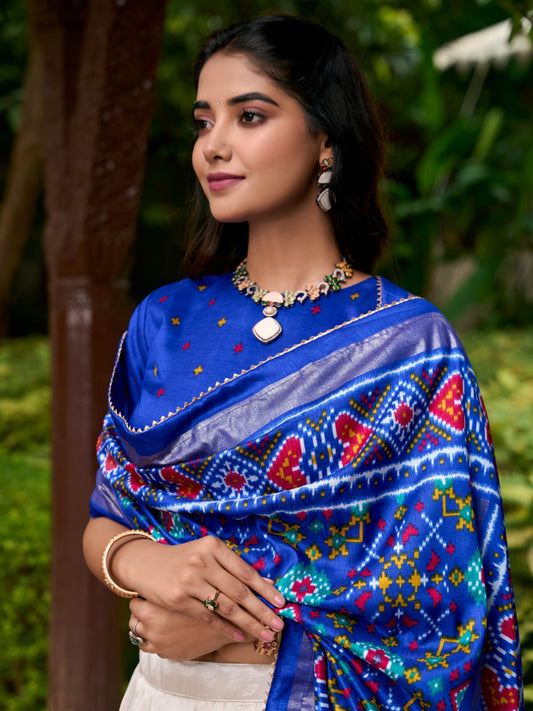 Royal Blue Patola Print Tussar Silk Lehenga Set for Women - Heavy Work & Unstitched Blouse For Women's