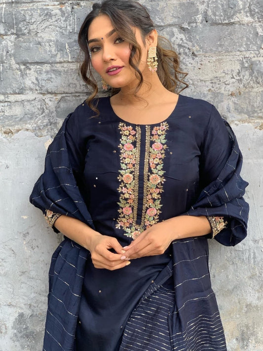 Navy Blue Viscose Chanderi Kurta Set For Women