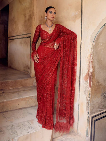 Designer Red Sequin Saree for Women's Bollywood Celebrity Style Party Wear Saree Online