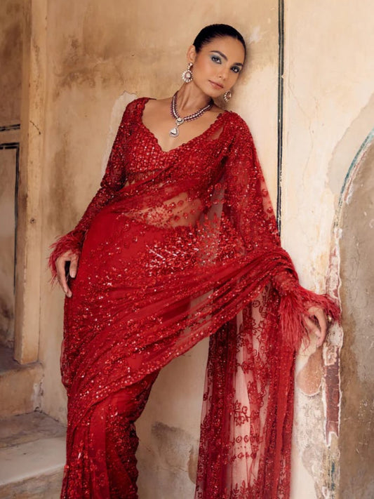 Designer Red Sequin Saree for Women's Bollywood Celebrity Style Party Wear Saree Online