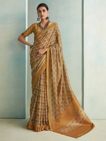 Golden Beige Luxe Handloom Digital Fusion Print Saree For Women's