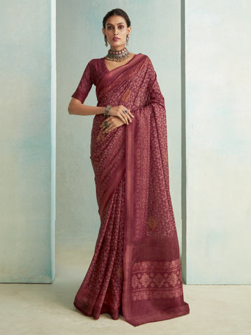 Wine Maroon Luxe Handloom Digital Fusion Print Saree For Women's