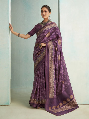 Purple Luxe Handloom Digital Fusion Print Saree For Women's