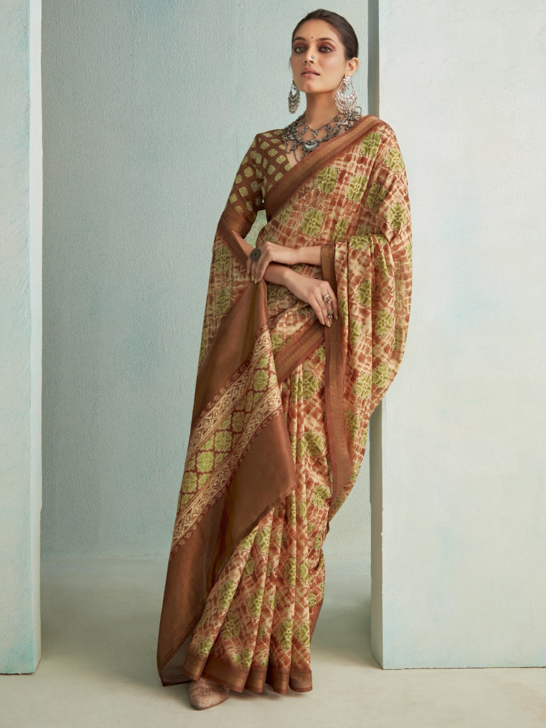 Olive Green Luxe Handloom Digital Fusion Print Saree For Women's