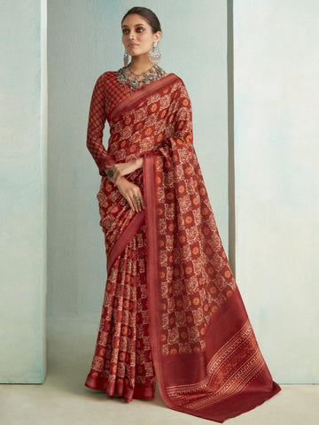 Maroon Luxe Handloom Weaving Digital Fusion Print Saree For Women's