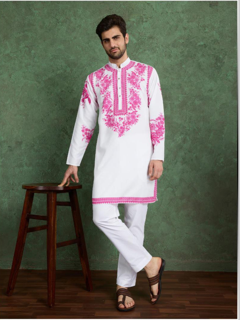 White Pink Designer Viscose Kurta Set for Men – Digital Print Work with Pajama
