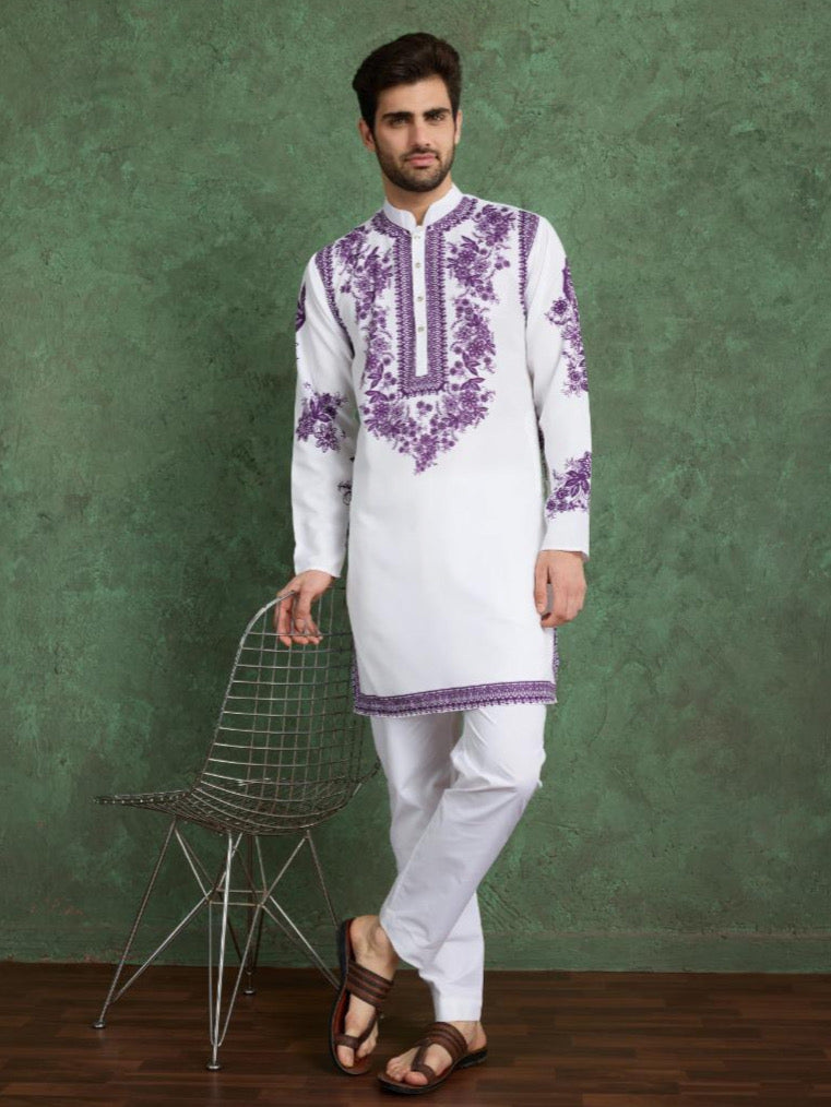 White Purple Designer Viscose Kurta Set for Men – Digital Print Work with Pajama