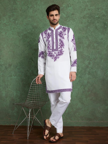 White Purple Designer Viscose Kurta Set for Men – Digital Print Work with Pajama