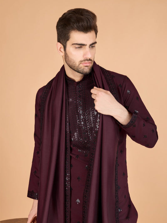 Festival Wear Viscose Silk Embroidered Work Kurta Dupatta Set For Men's
