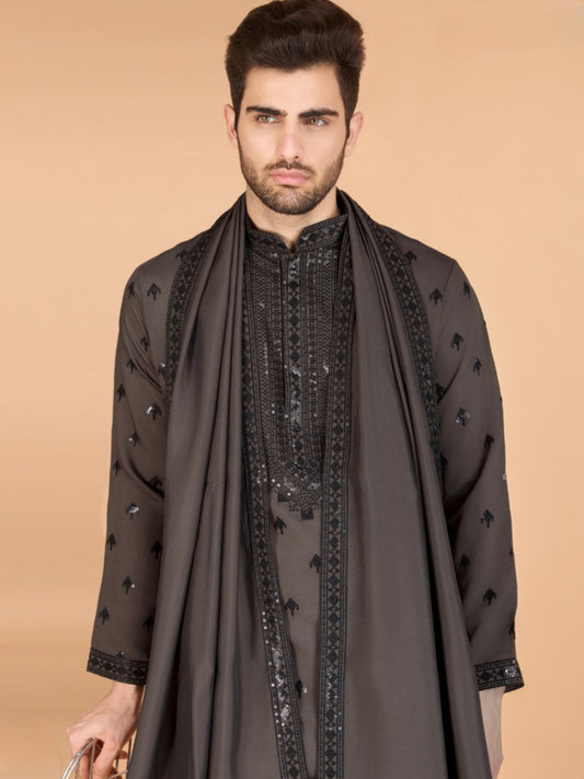 Festival Wear Viscose Silk Embroidered Kurta Dupatta Set For Men's