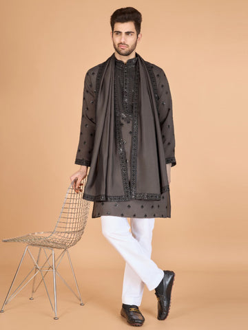 Festival Wear Viscose Silk Embroidered Kurta Dupatta Set For Men's
