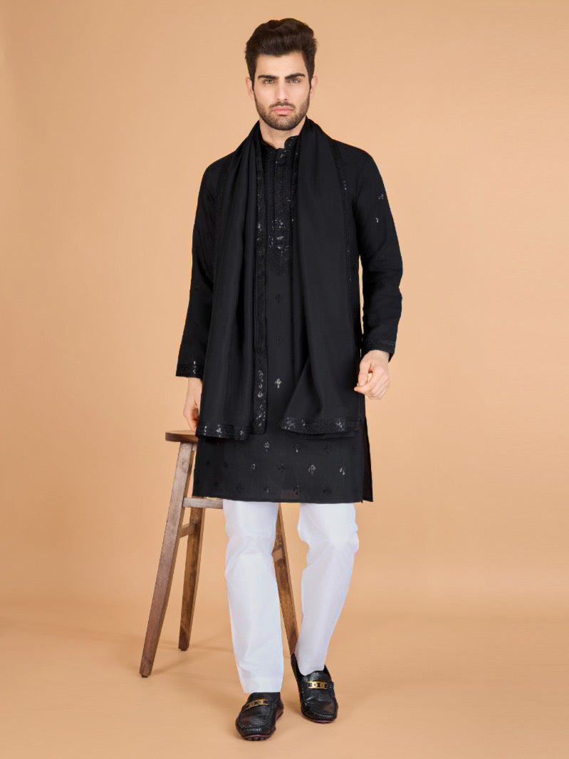 Festival Wear Viscose Silk Embroidered Kurta Dupatta Set For Men's