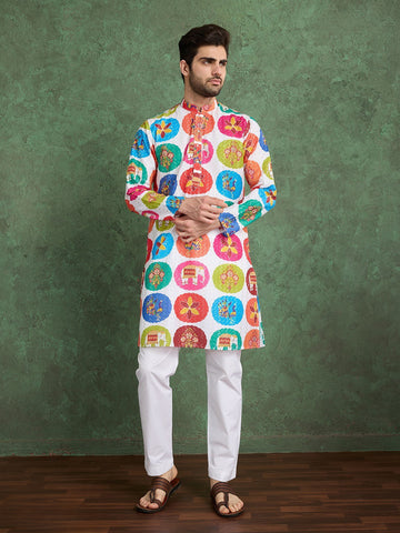 Men’s Heavy Rayon Kurta Set – Printed & Embroidered Work – Multicolour