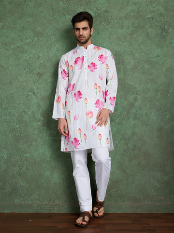 White Pink Printed & Embroidered Men’s Kurta Set – Heavy Rayon