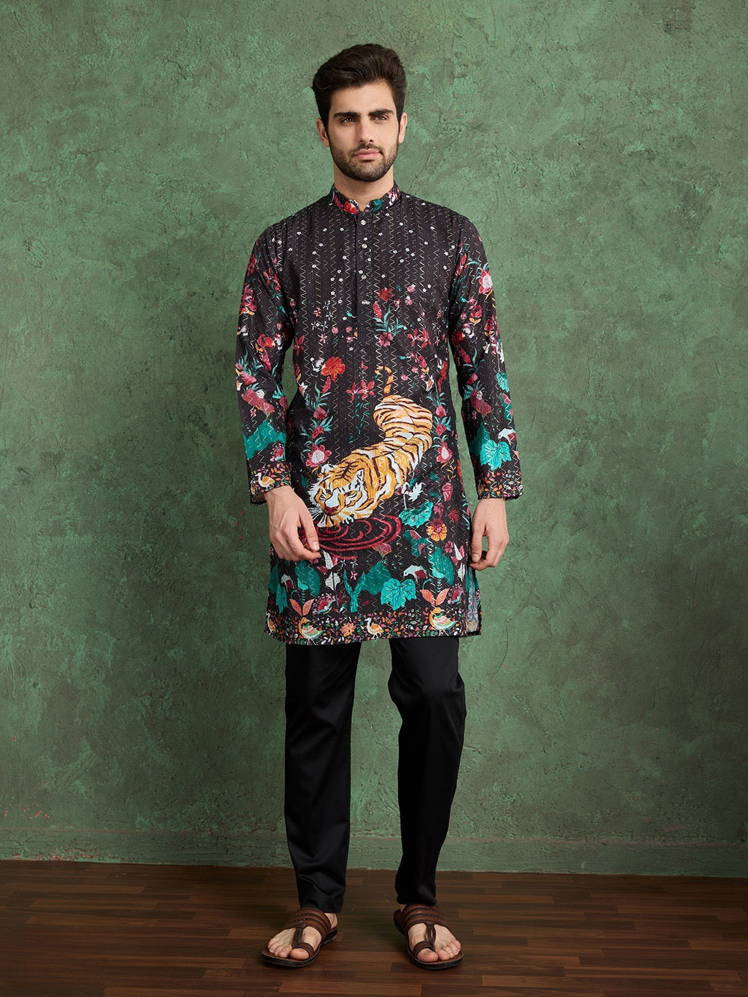 Men’s Black Kurta Set in Heavy Rayon with Print & Embroidery Detail