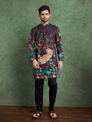 Men’s Black Kurta Set in Heavy Rayon with Print & Embroidery Detail