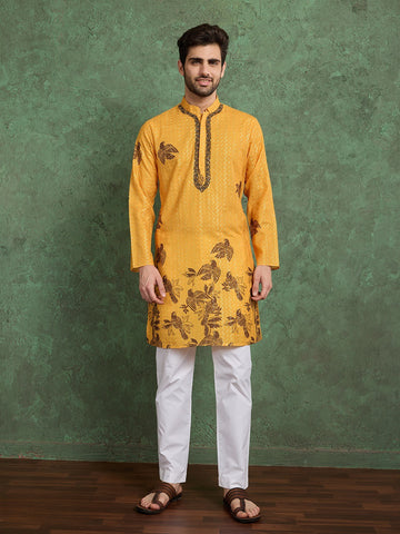 Printed & Embroidered Men’s Kurta Set – Heavy Rayon – Mustard Yellow