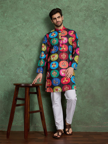 Men’s Multicolour Kurta Set in Heavy Rayon with Print & Embroidery Work