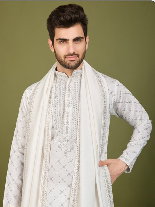 New Exlcusive Festival  Wear Embroidered Work Men's Kurta Set Dupatta Collection