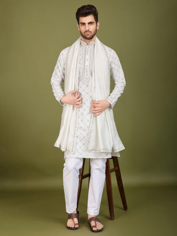 New Exlcusive Festival  Wear Embroidered Work Men's Kurta Set Dupatta Collection