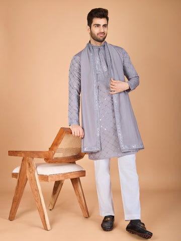 New Exclusive Festival Wear Embroidered Work Men's Kurta Set Dupatta Collection