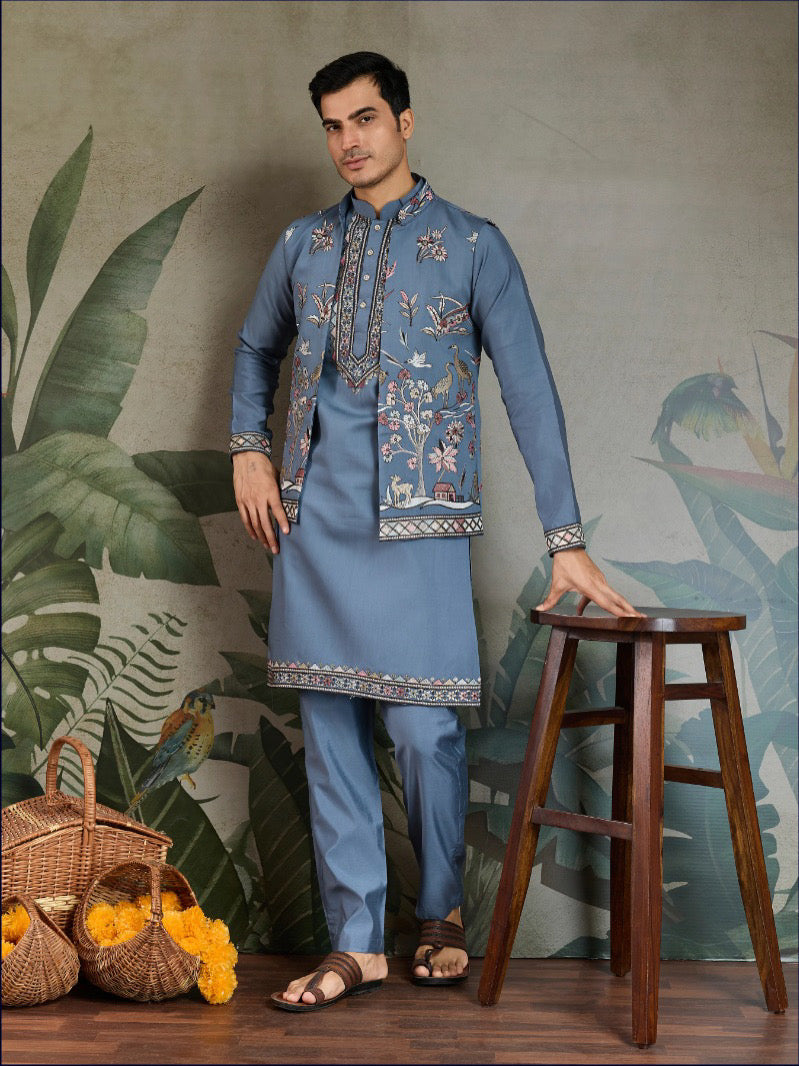 Blue Royale Thread Embroidered Kurta Set with Jacket – Luxe Viscose Silk Style For Men's
