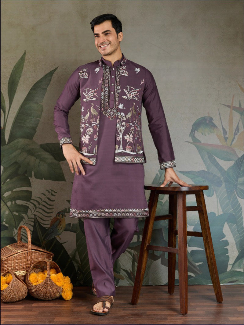 Plum Royale Thread Embroidered Kurta Set with Jacket – Luxe Viscose Silk Style For Men's