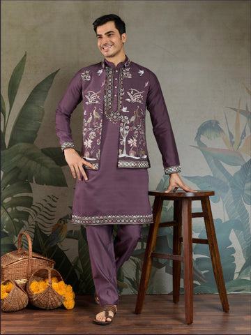 Plum Royale Thread Embroidered Kurta Set with Jacket – Luxe Viscose Silk Style For Men's