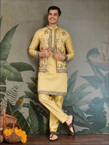 Pale Gold Royale Thread Embroidered Kurta Set with Jacket – Luxe Viscose Silk Style For Men's