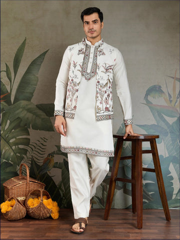 Off-White Royale Thread Embroidered Kurta Set with Jacket – Luxe Viscose Silk Style For Men's
