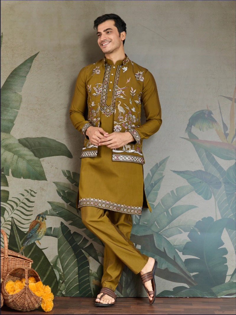 Mustard Yellow Royale Thread Embroidered Kurta Set with Jacket – Luxe Viscose Silk Style For Men's